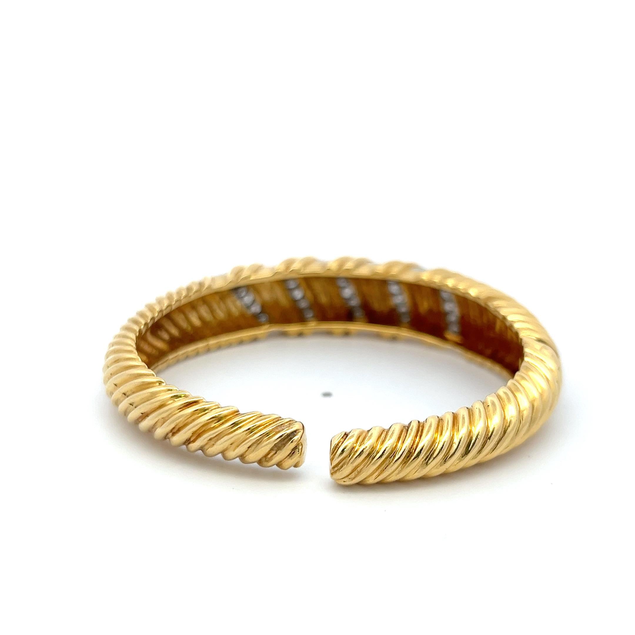 Vintage 18K Two Tone Gold Cuff Bracelet with 0.85 Carat Round G-VS Diamonds