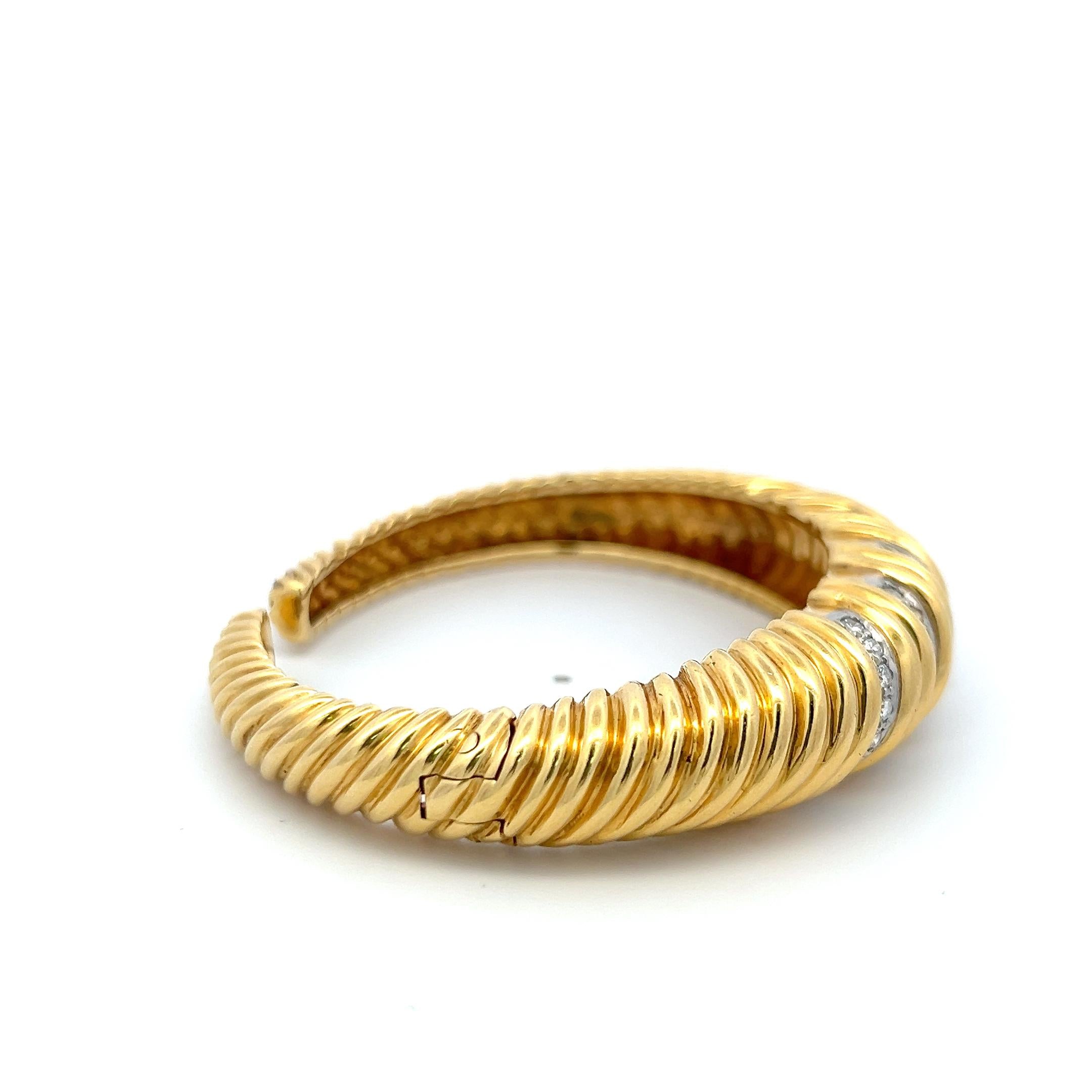 Vintage 18K Two Tone Gold Cuff Bracelet with 0.85 Carat Round G-VS Diamonds