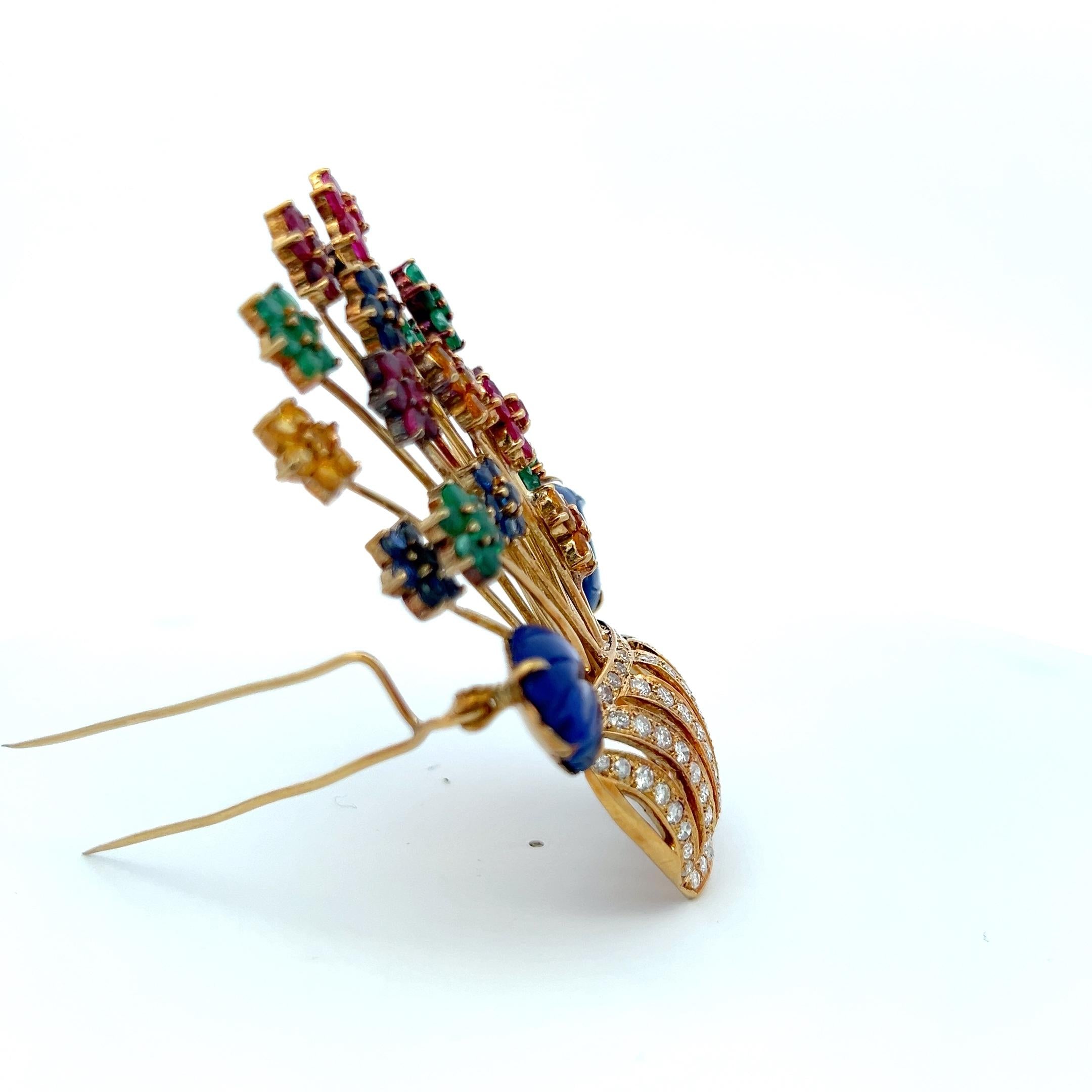 Vintage Floral Pin Brooch 2.5 Carat Round Diamond Emerald Sapphire and Citrine