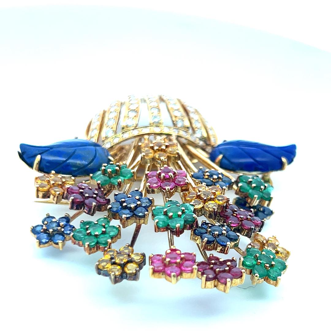 Vintage Floral Pin Brooch 2.5 Carat Round Diamond Emerald Sapphire and Citrine