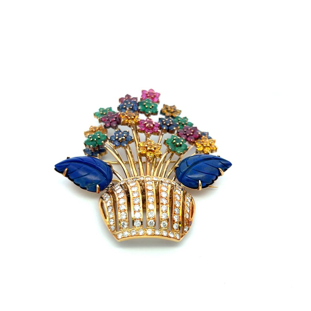 Vintage Floral Pin Brooch 2.5 Carat Round Diamond Emerald Sapphire and Citrine