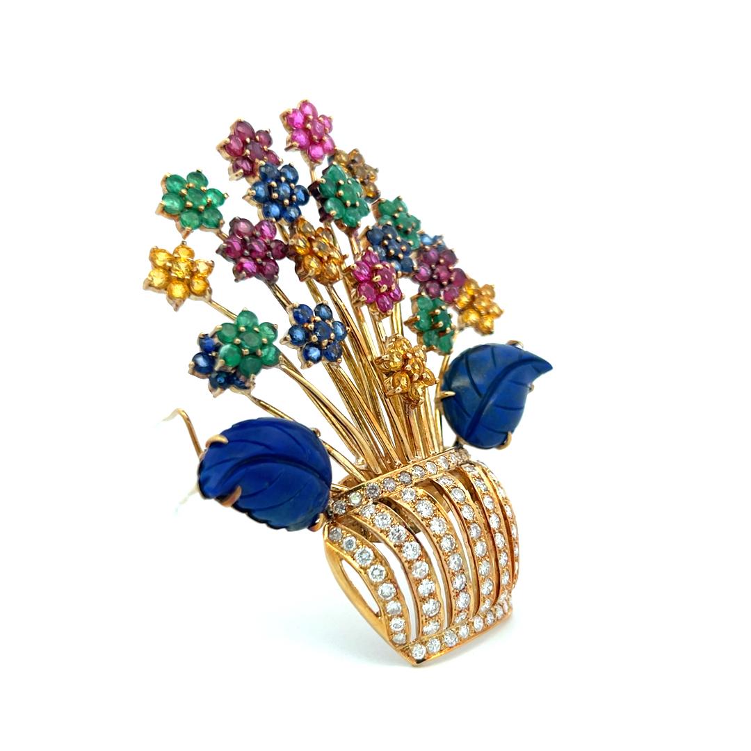 Vintage Floral Pin Brooch 2.5 Carat Round Diamond Emerald Sapphire and Citrine