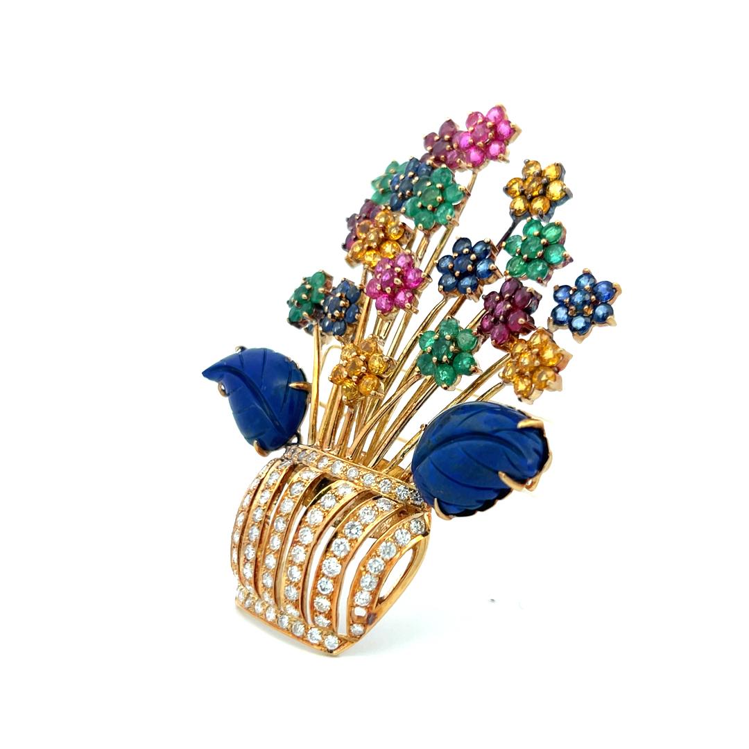 Vintage Floral Pin Brooch 2.5 Carat Round Diamond Emerald Sapphire and Citrine