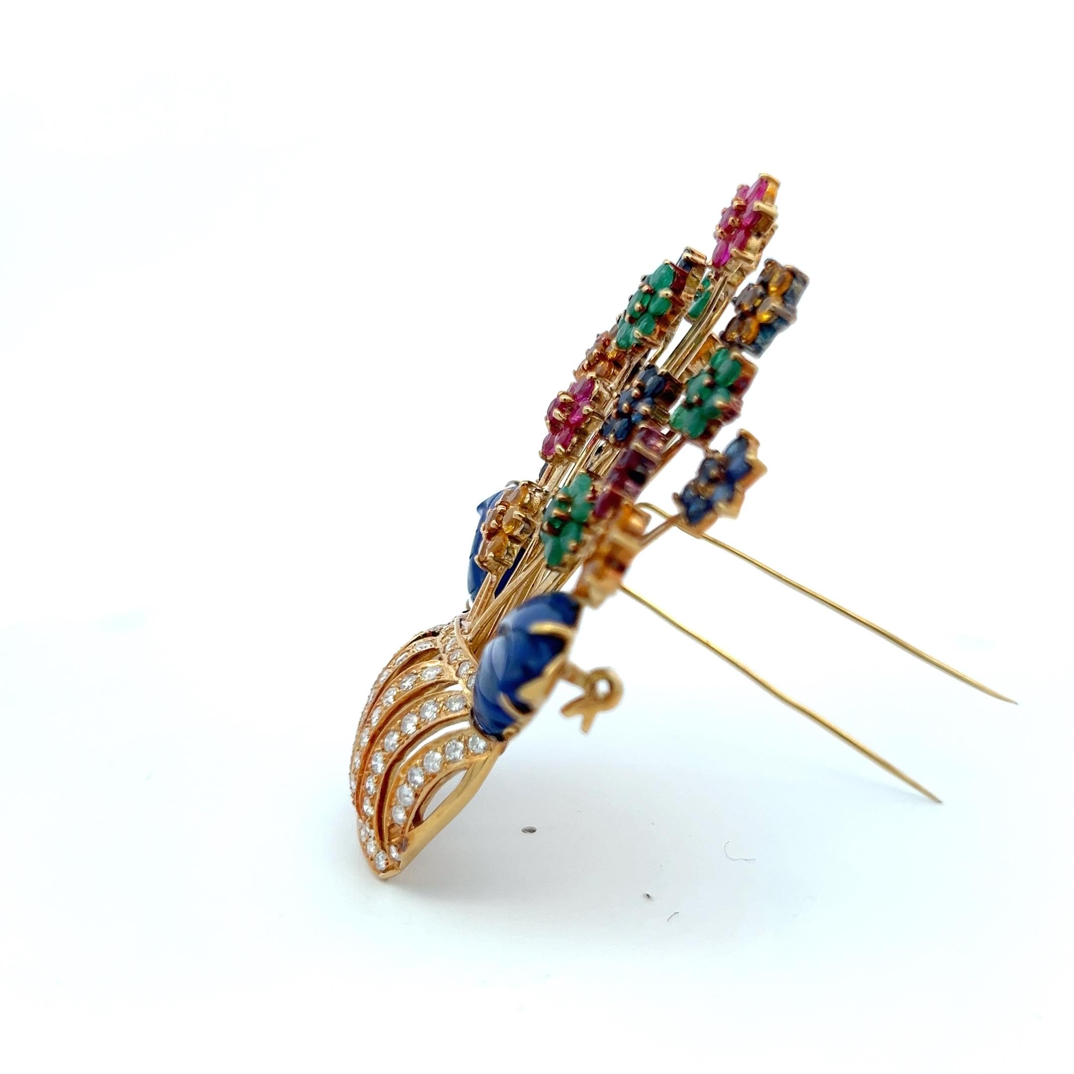 Vintage Floral Pin Brooch 2.5 Carat Round Diamond Emerald Sapphire and Citrine