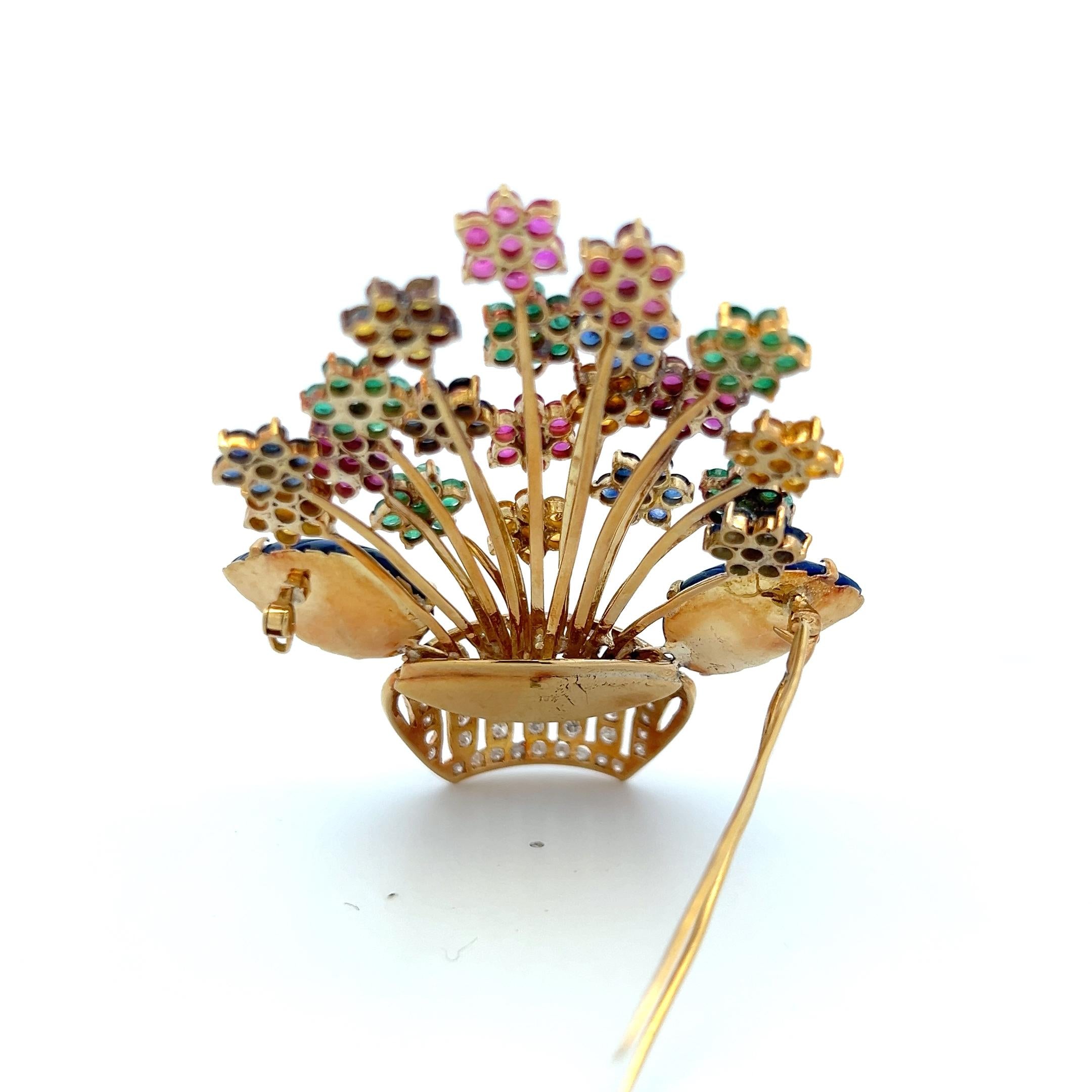 Vintage Floral Pin Brooch 2.5 Carat Round Diamond Emerald Sapphire and Citrine