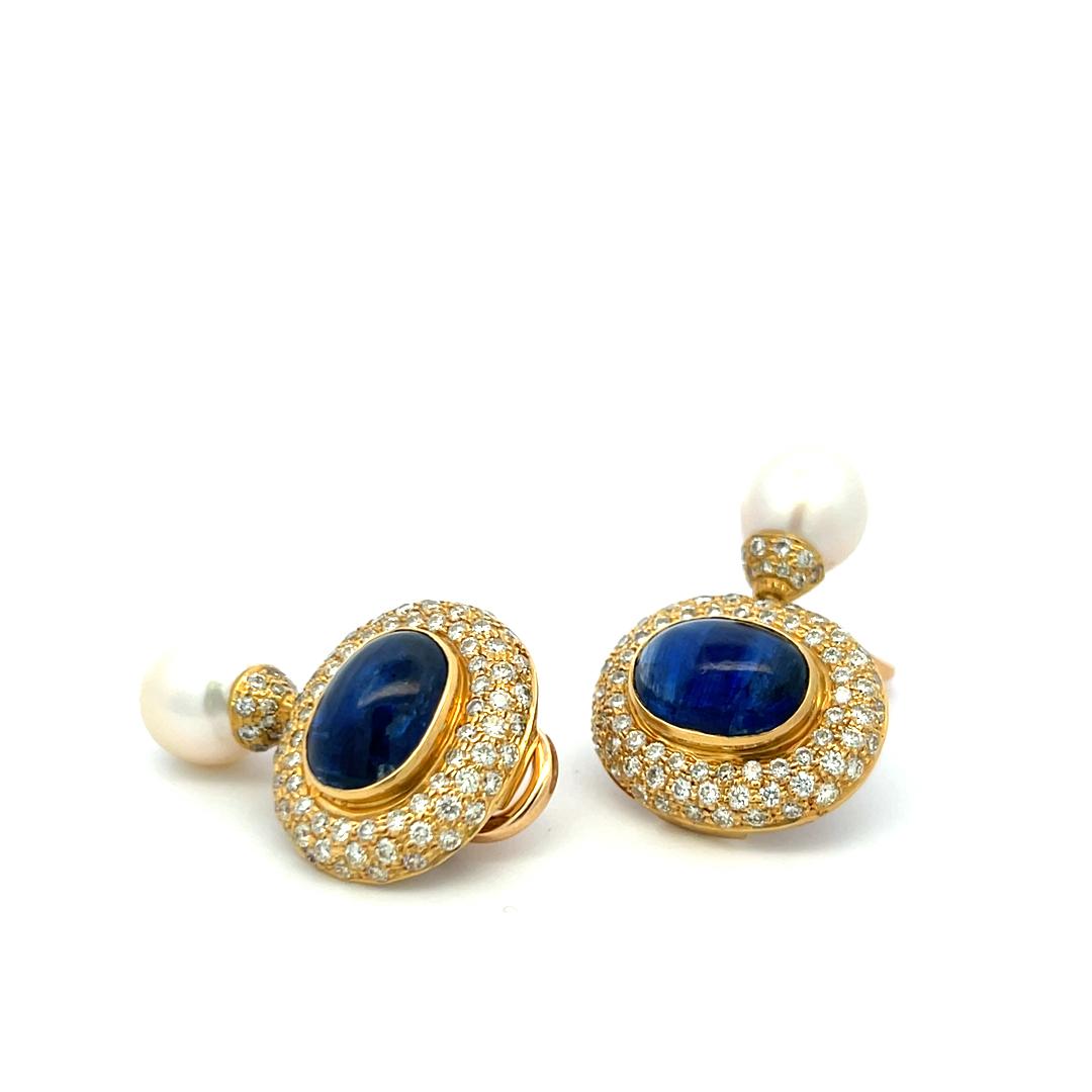 Vintage 18K YG Drop Earrings with 4.3 Ct. Diamond 15 Ct. Oval Kunzite and Pearls