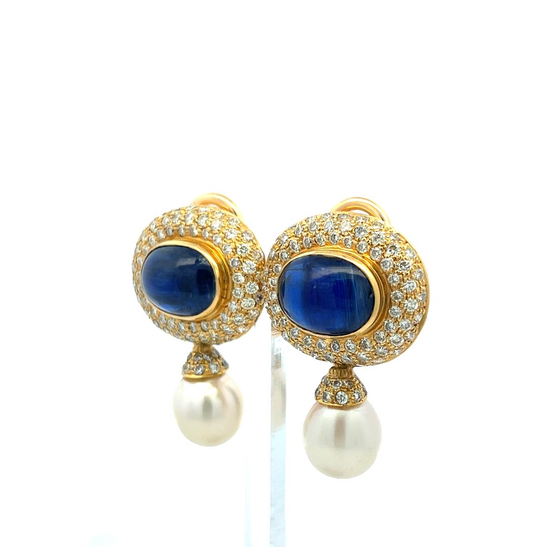 Vintage 18K YG Drop Earrings with 4.3 Ct. Diamond 15 Ct. Oval Kunzite and Pearls
