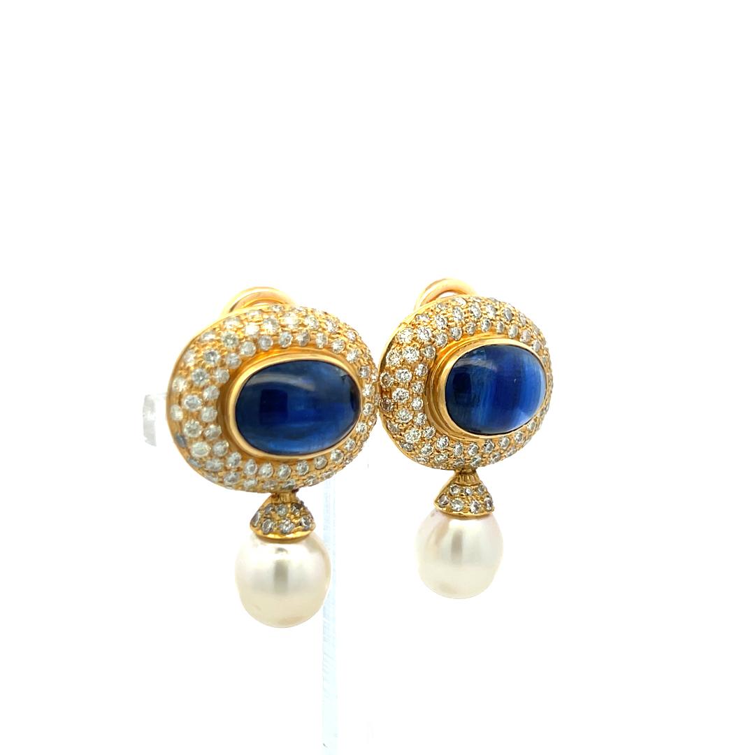 Vintage 18K YG Drop Earrings with 4.3 Ct. Diamond 15 Ct. Oval Kunzite and Pearls