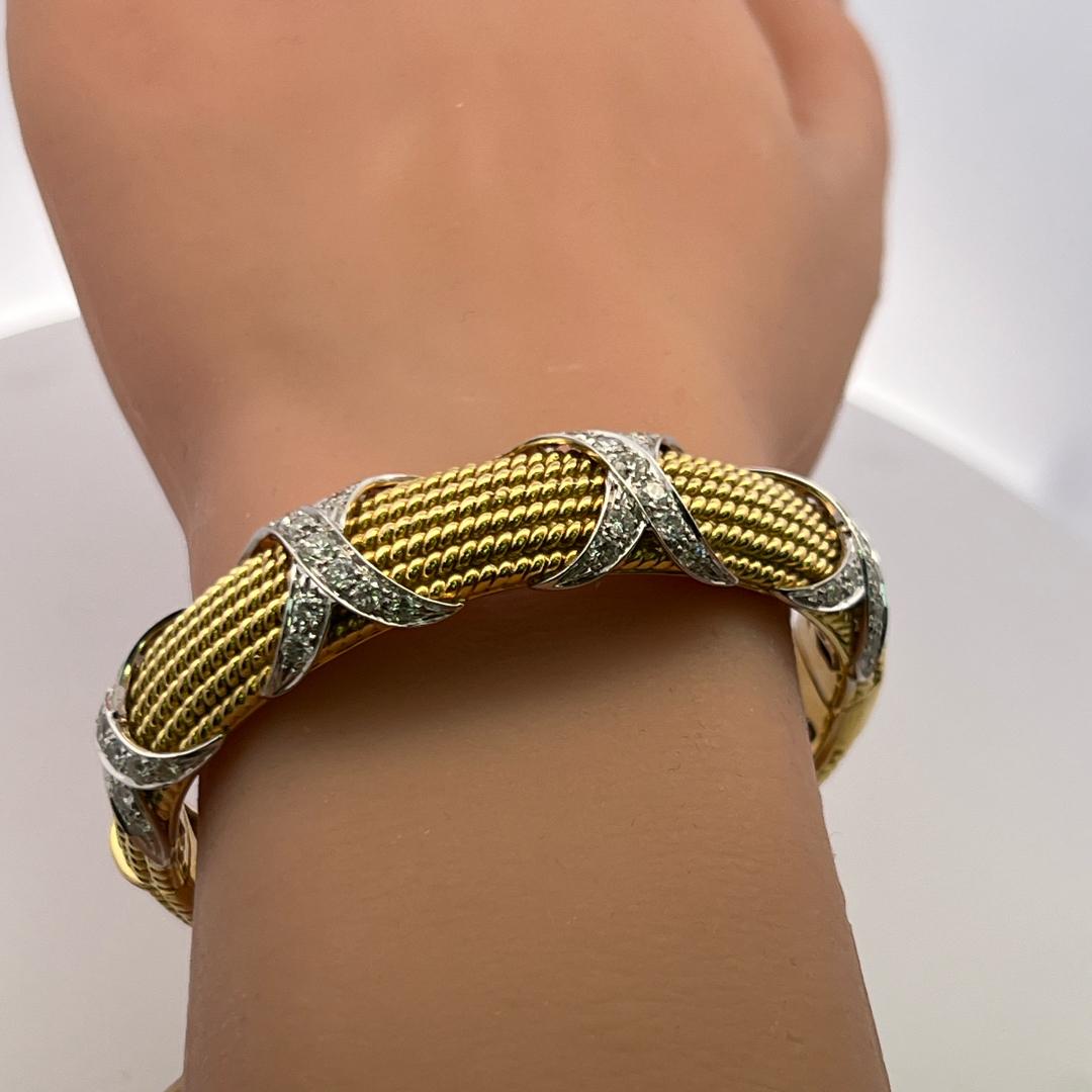 Vintage 18K Two Tone Gold Bangle Bracelet with 3.05 Carat Round G-VS Diamonds