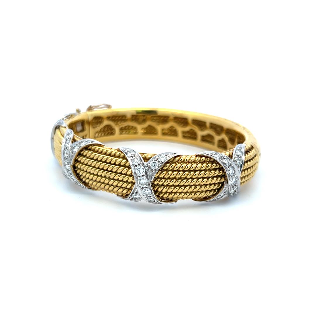 Vintage 18K Two Tone Gold Bangle Bracelet with 3.05 Carat Round G-VS Diamonds