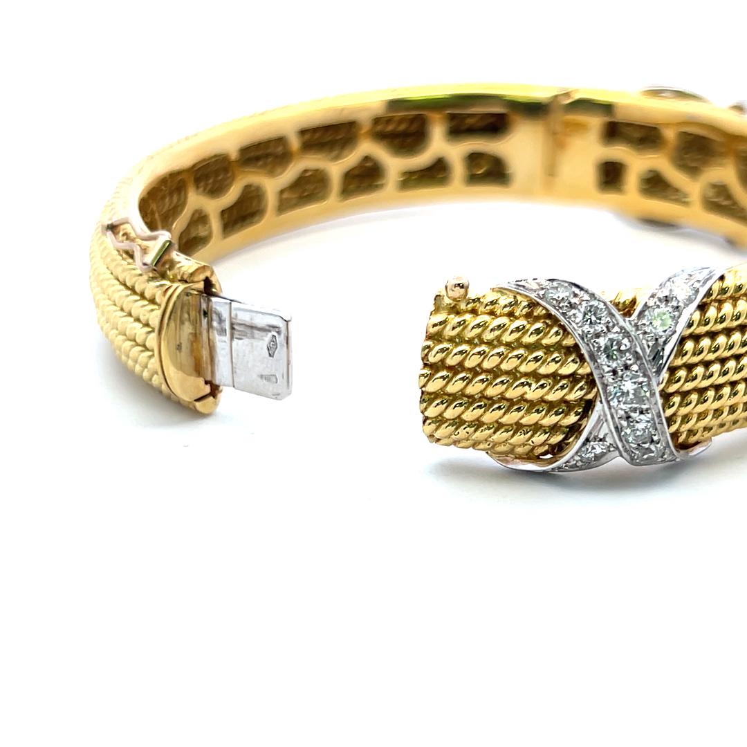 Vintage 18K Two Tone Gold Bangle Bracelet with 3.05 Carat Round G-VS Diamonds