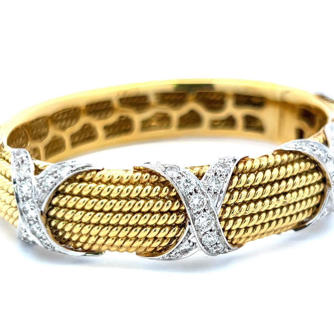 Vintage 18K Two Tone Gold Bangle Bracelet with 3.05 Carat Round G-VS Diamonds