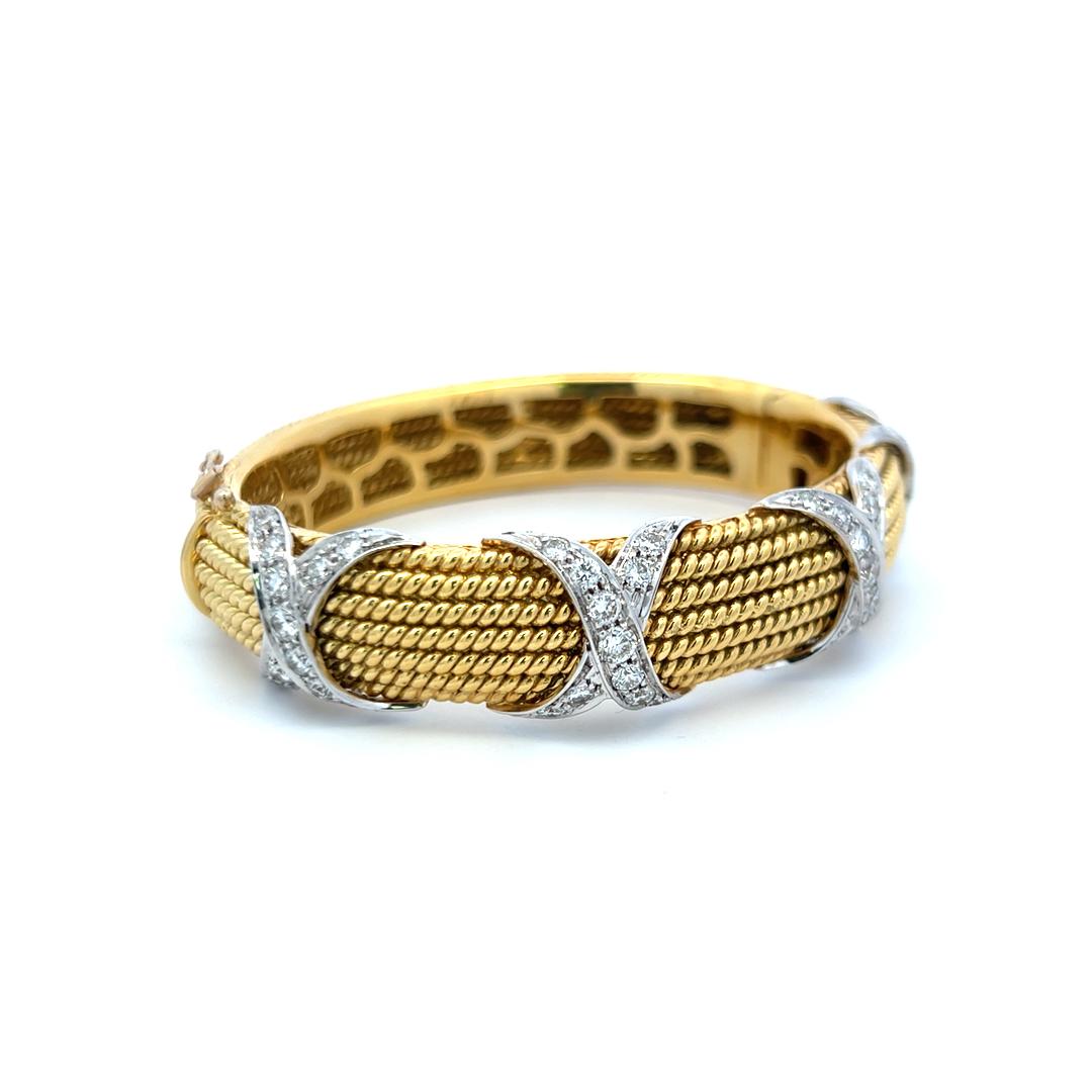 Vintage 18K Two Tone Gold Bangle Bracelet with 3.05 Carat Round G-VS Diamonds