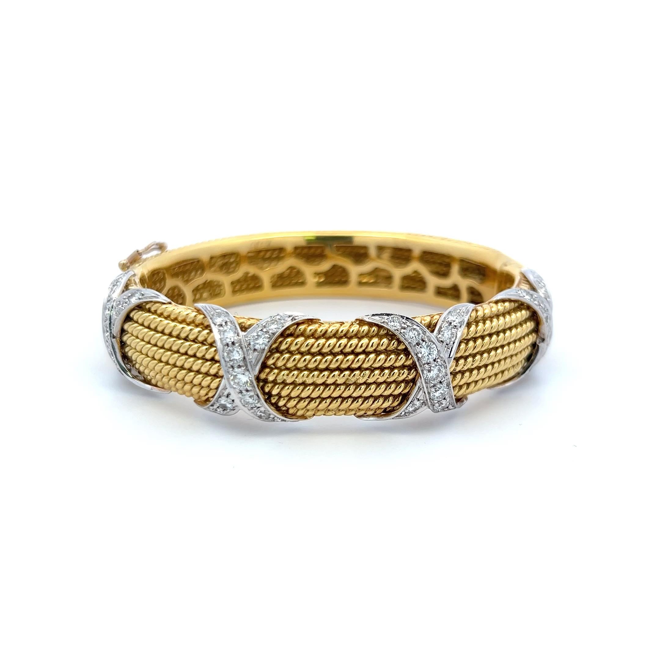 Vintage 18K Two Tone Gold Bangle Bracelet with 3.05 Carat Round G-VS Diamonds