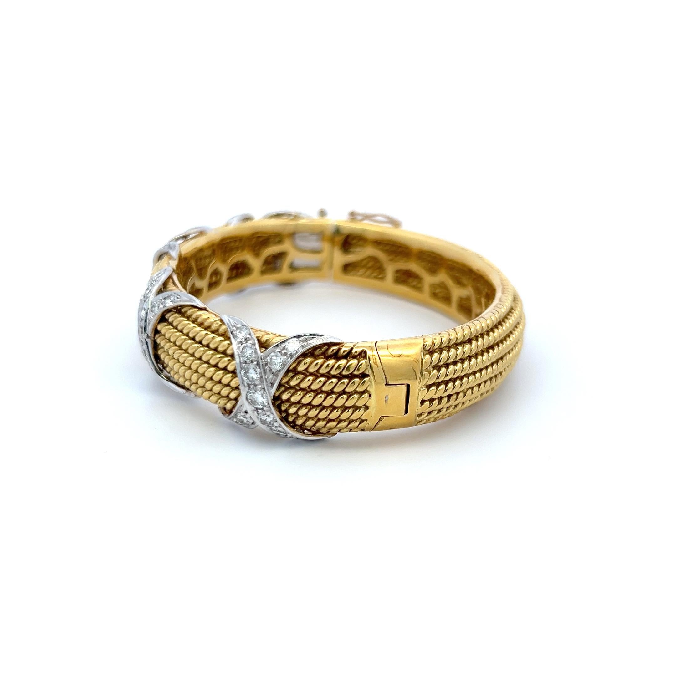Vintage 18K Two Tone Gold Bangle Bracelet with 3.05 Carat Round G-VS Diamonds