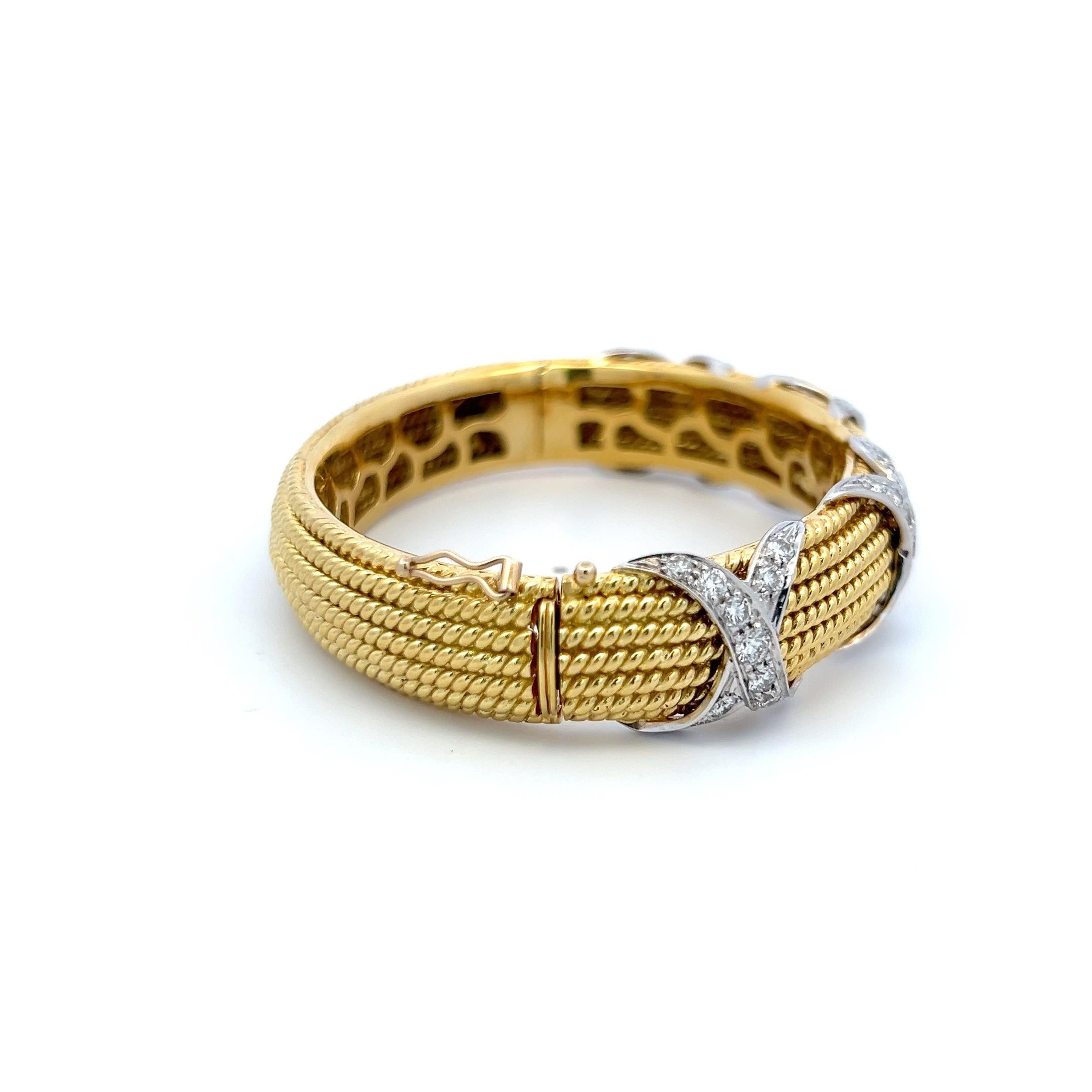 Vintage 18K Two Tone Gold Bangle Bracelet with 3.05 Carat Round G-VS Diamonds