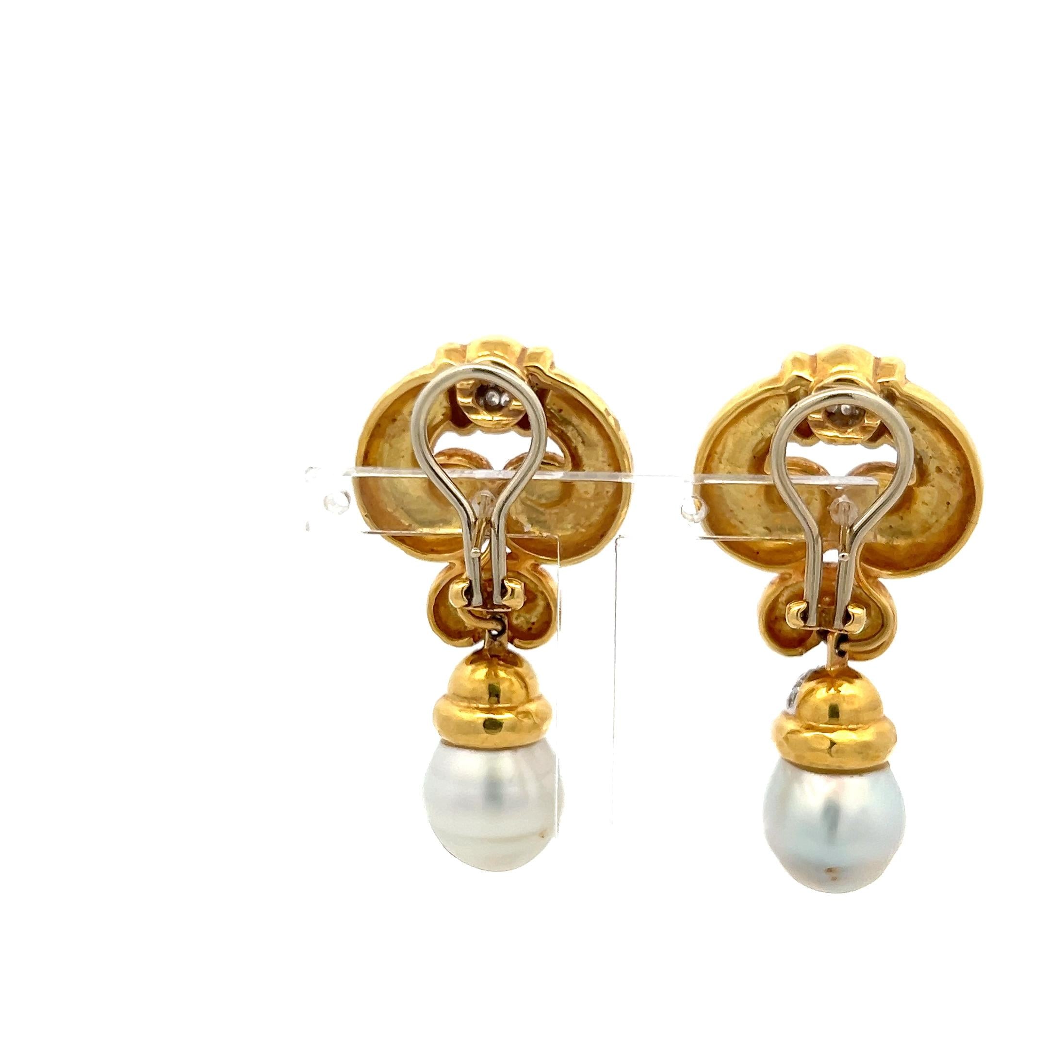 18K YG Drop Earrings with 0.6 Carat Diamonds and 11.7-12.00 MM South Sea Pearls