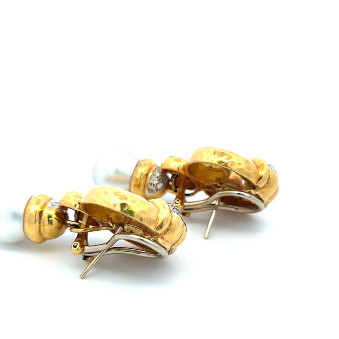 18K YG Drop Earrings with 0.6 Carat Diamonds and 11.7-12.00 MM South Sea Pearls