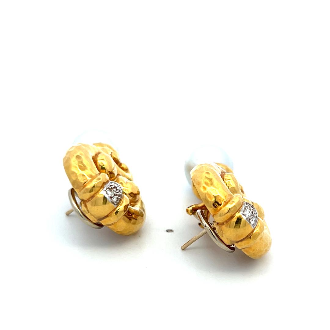 18K YG Drop Earrings with 0.6 Carat Diamonds and 11.7-12.00 MM South Sea Pearls