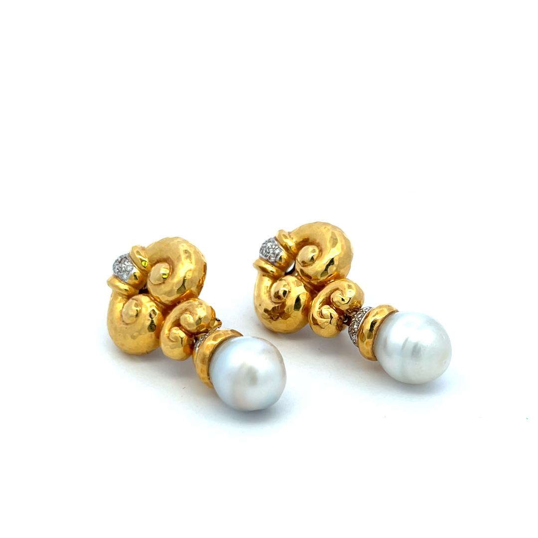 18K YG Drop Earrings with 0.6 Carat Diamonds and 11.7-12.00 MM South Sea Pearls