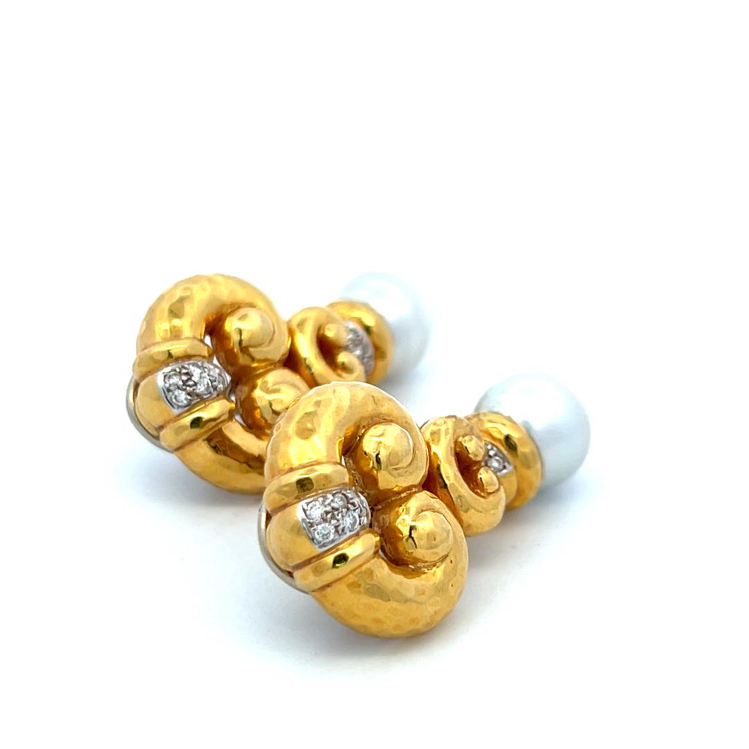 18K YG Drop Earrings with 0.6 Carat Diamonds and 11.7-12.00 MM South Sea Pearls