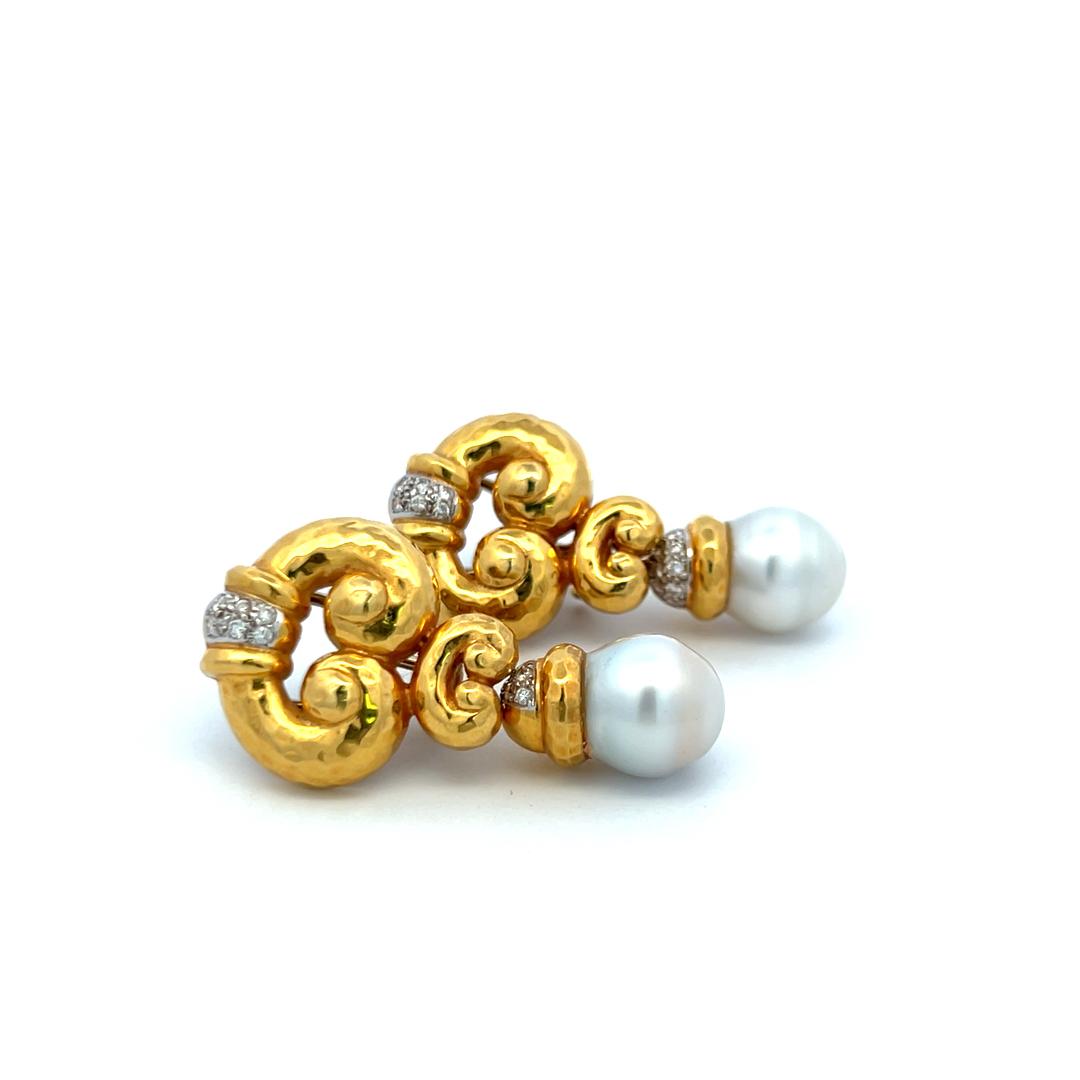 18K YG Drop Earrings with 0.6 Carat Diamonds and 11.7-12.00 MM South Sea Pearls