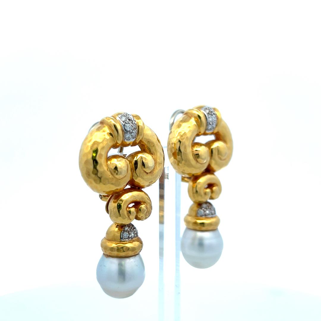 18K YG Drop Earrings with 0.6 Carat Diamonds and 11.7-12.00 MM South Sea Pearls