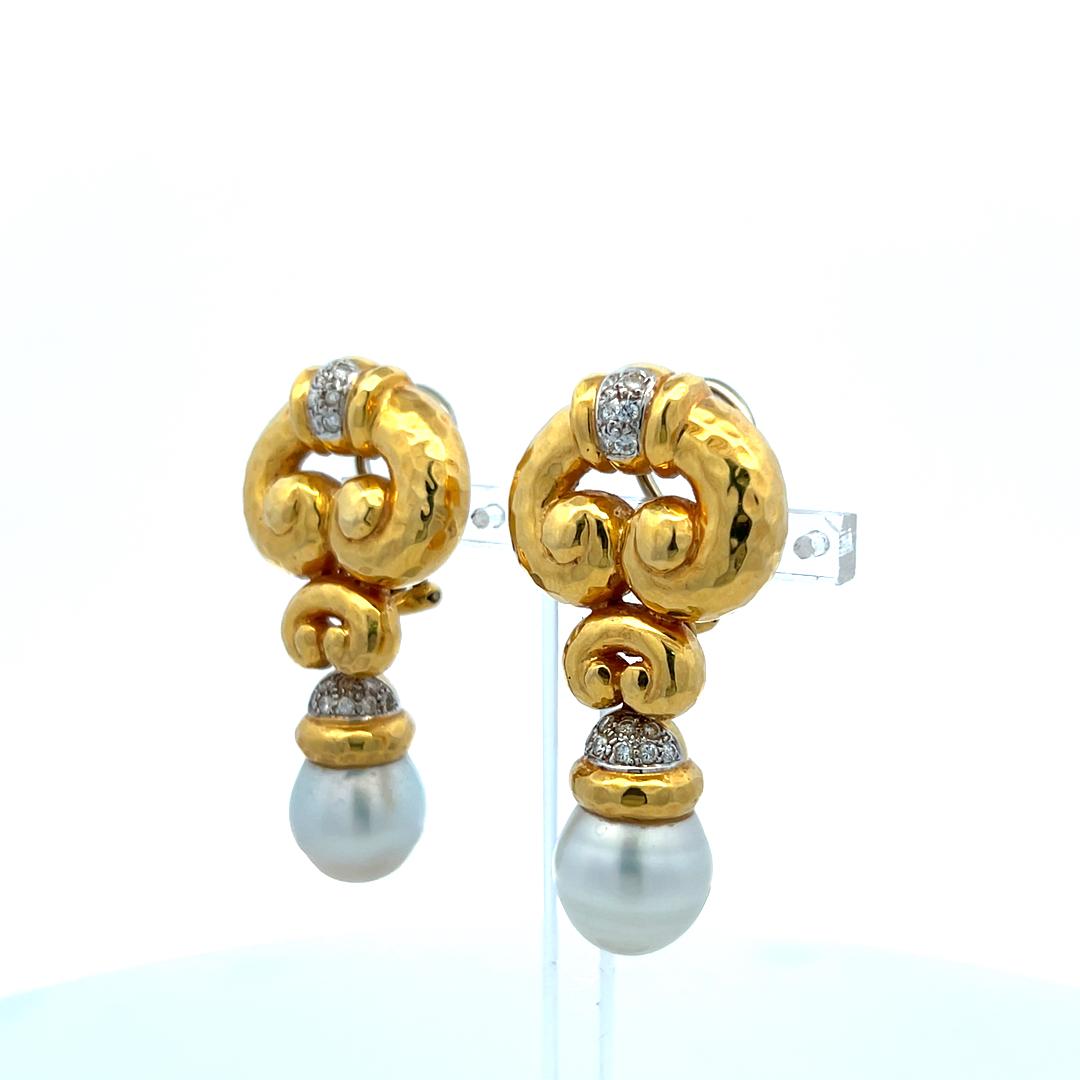 18K YG Drop Earrings with 0.6 Carat Diamonds and 11.7-12.00 MM South Sea Pearls