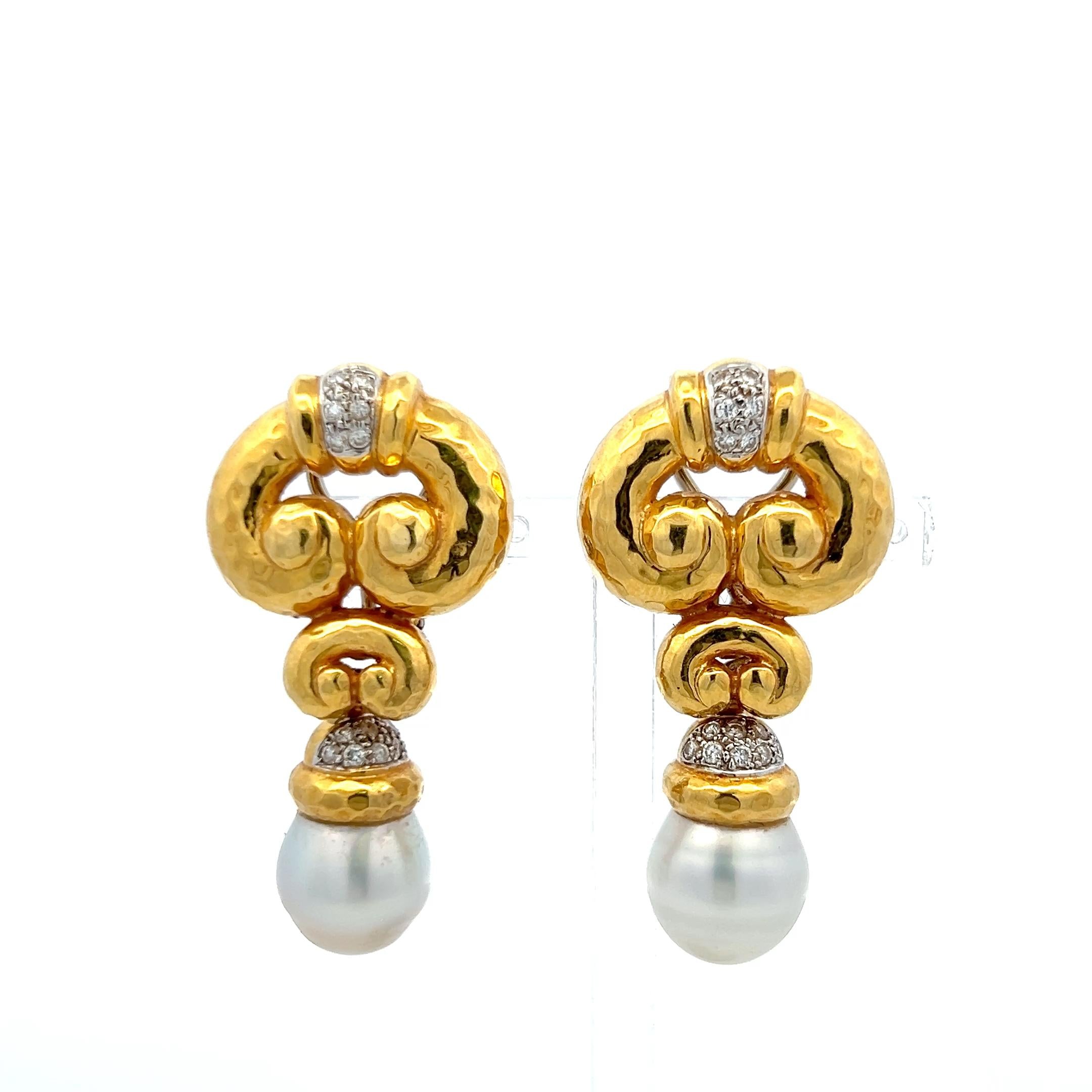 18K YG Drop Earrings with 0.6 Carat Diamonds and 11.7-12.00 MM South Sea Pearls