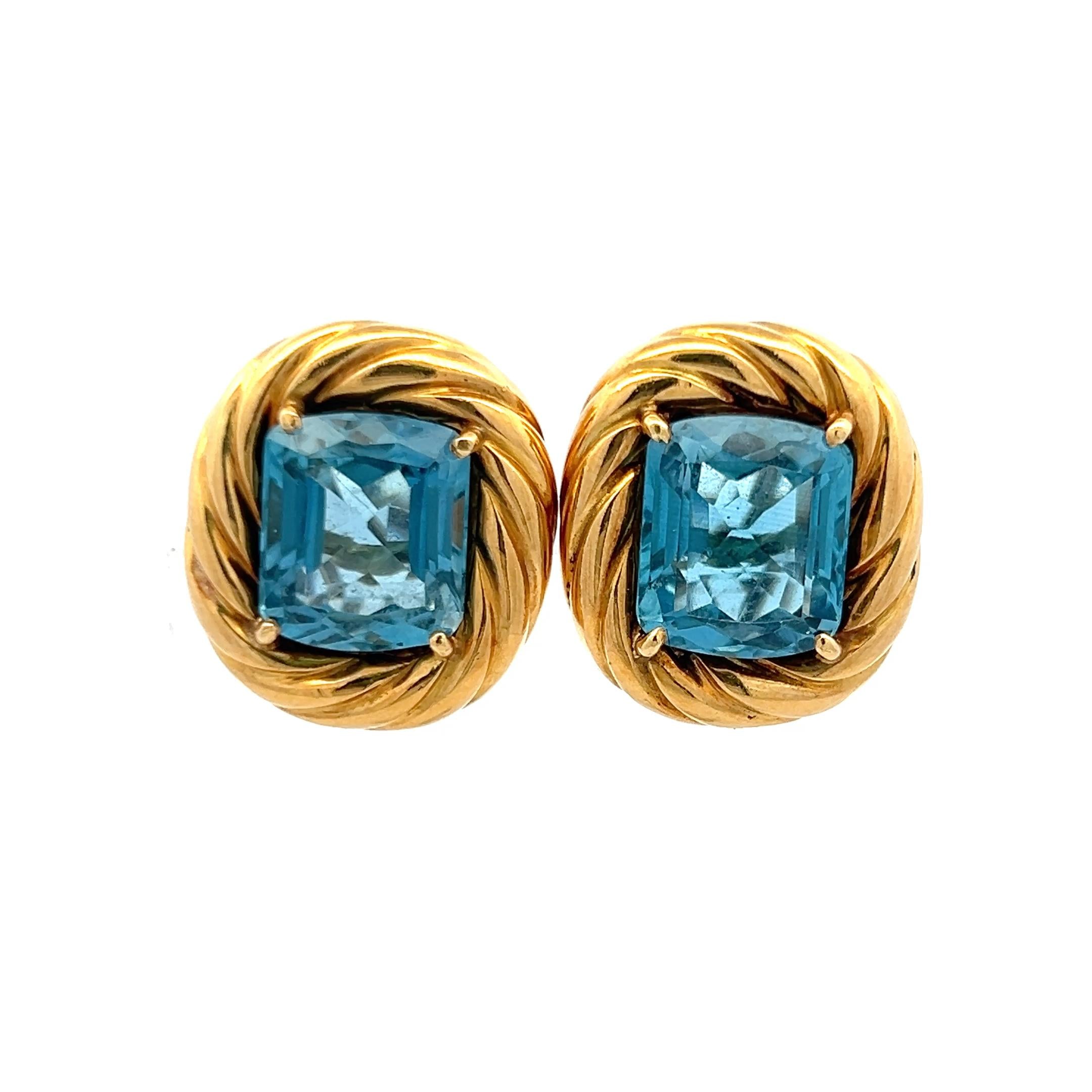 Vintage 18 Karat Yellow Gold Clip-On Earrings with 19.75 Carat Blue Topaz
