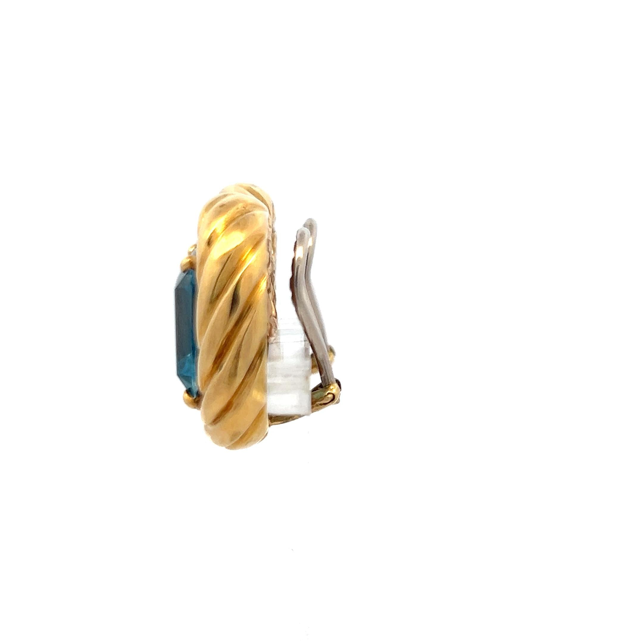 Vintage 18 Karat Yellow Gold Clip-On Earrings with 19.75 Carat Blue Topaz