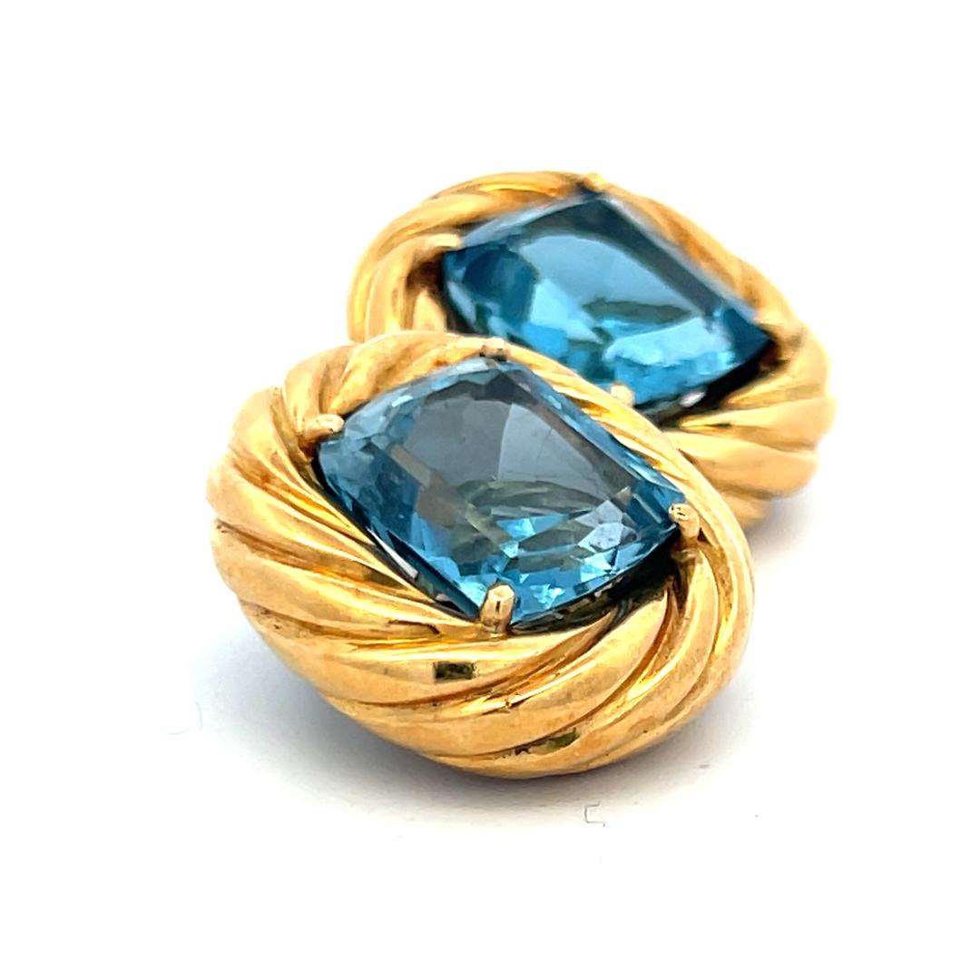 Vintage 18 Karat Yellow Gold Clip-On Earrings with 19.75 Carat Blue Topaz