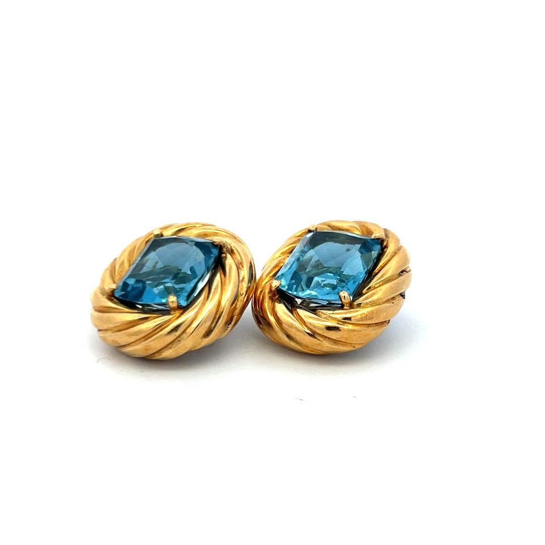 Vintage 18 Karat Yellow Gold Clip-On Earrings with 19.75 Carat Blue Topaz