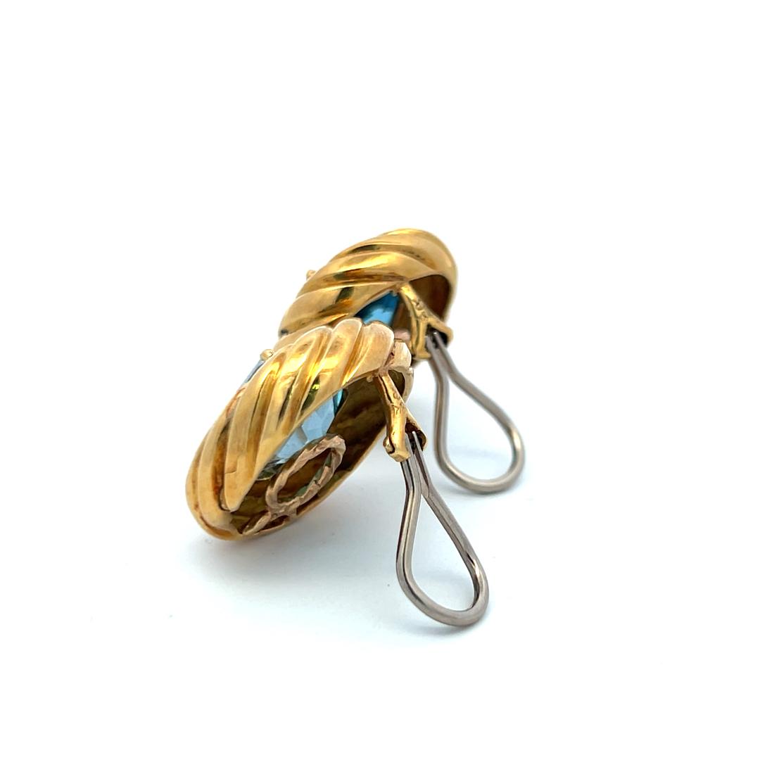 Vintage 18 Karat Yellow Gold Clip-On Earrings with 19.75 Carat Blue Topaz