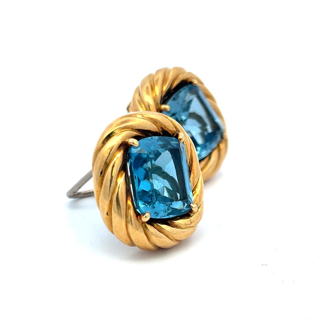 Vintage 18 Karat Yellow Gold Clip-On Earrings with 19.75 Carat Blue Topaz