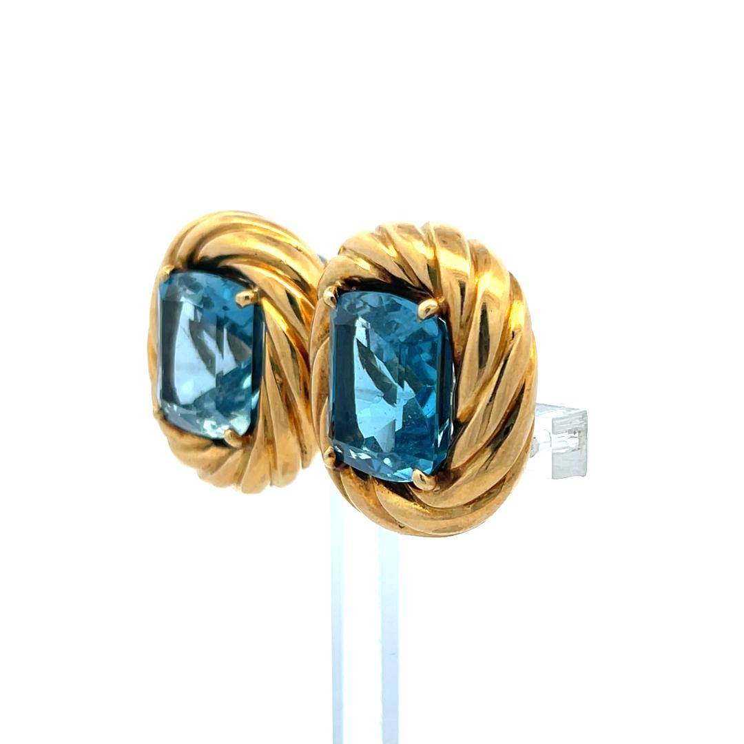 Vintage 18 Karat Yellow Gold Clip-On Earrings with 19.75 Carat Blue Topaz