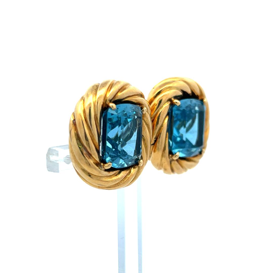 Vintage 18 Karat Yellow Gold Clip-On Earrings with 19.75 Carat Blue Topaz