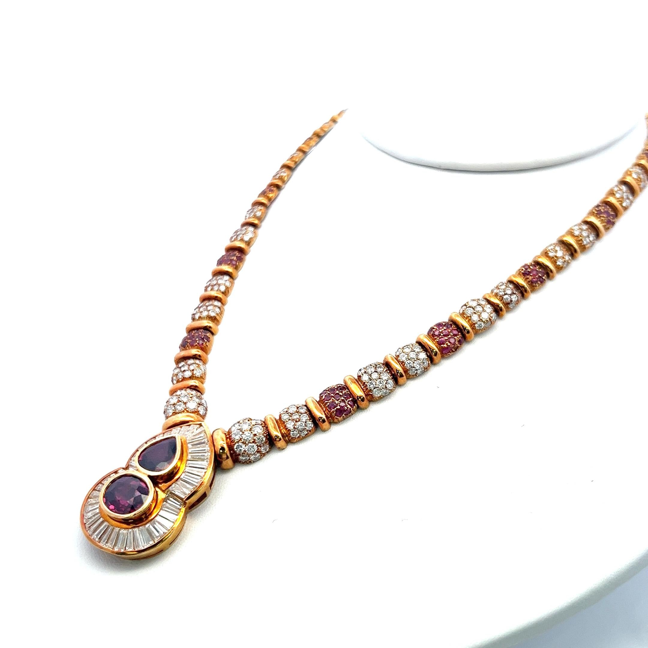 18K YG Pendant Necklace 13ct Round & Tapered Baguette Diamonds and 4.45ct Ruby