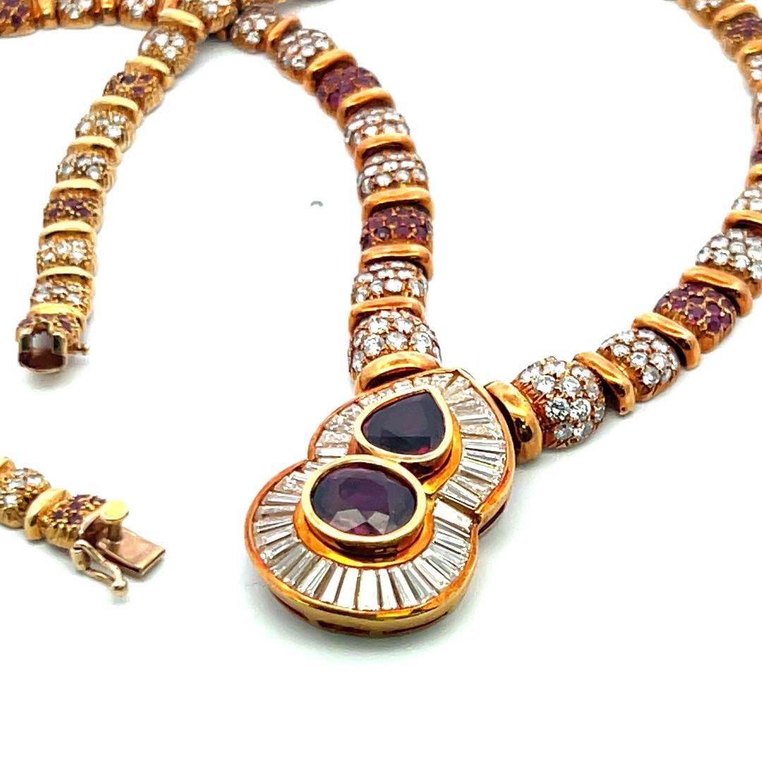 18K YG Pendant Necklace 13ct Round & Tapered Baguette Diamonds and 4.45ct Ruby