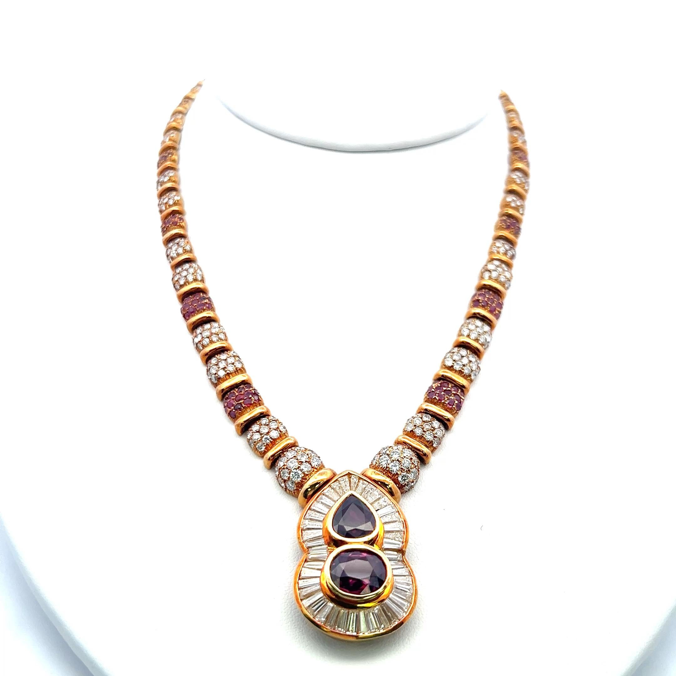 18K YG Pendant Necklace 13ct Round & Tapered Baguette Diamonds and 4.45ct Ruby