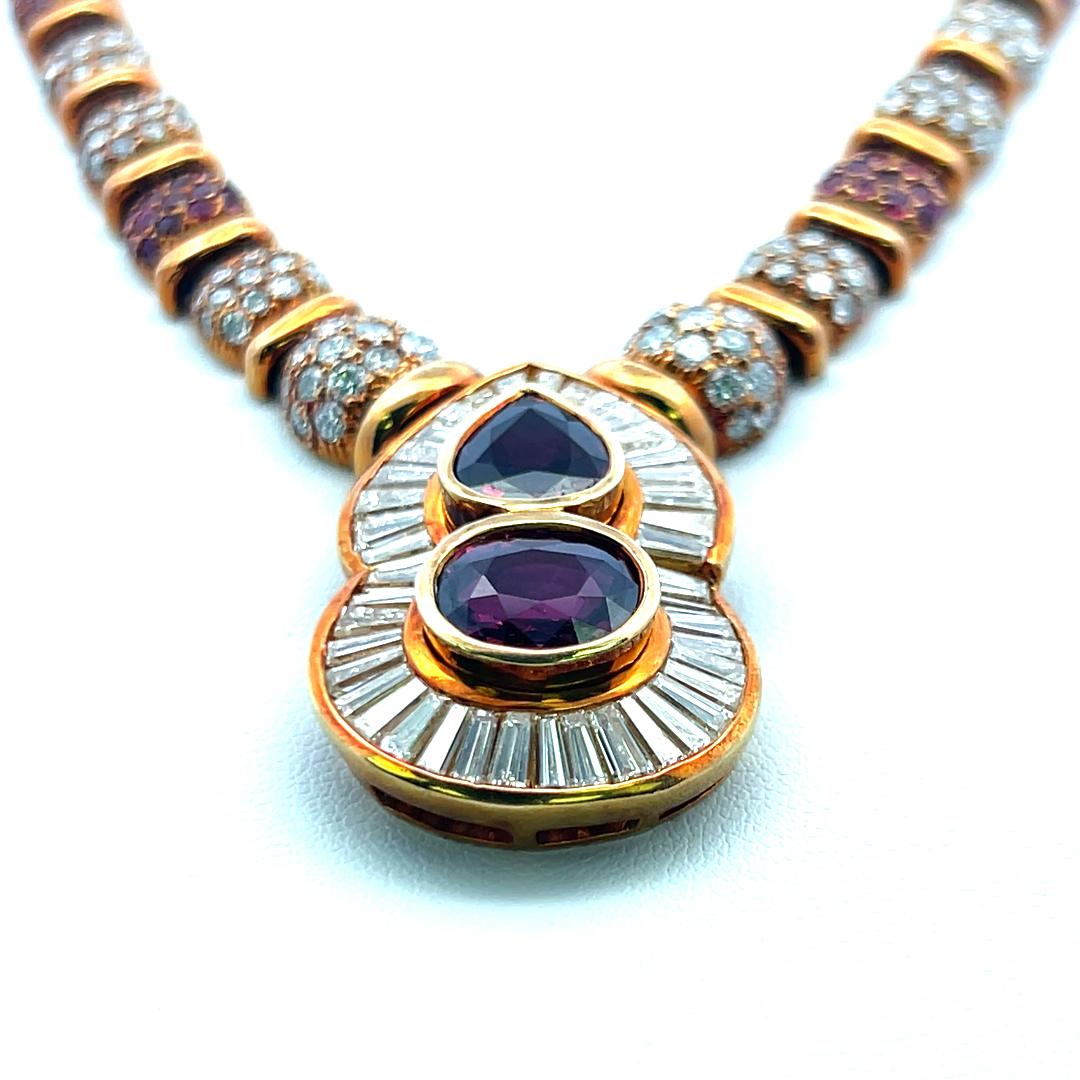 18K YG Pendant Necklace 13ct Round & Tapered Baguette Diamonds and 4.45ct Ruby