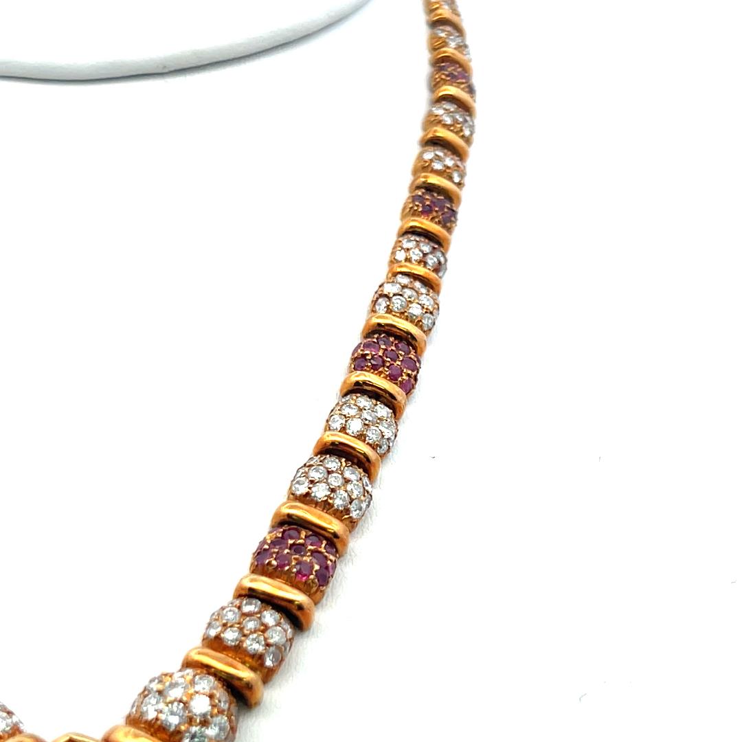 18K YG Pendant Necklace 13ct Round & Tapered Baguette Diamonds and 4.45ct Ruby