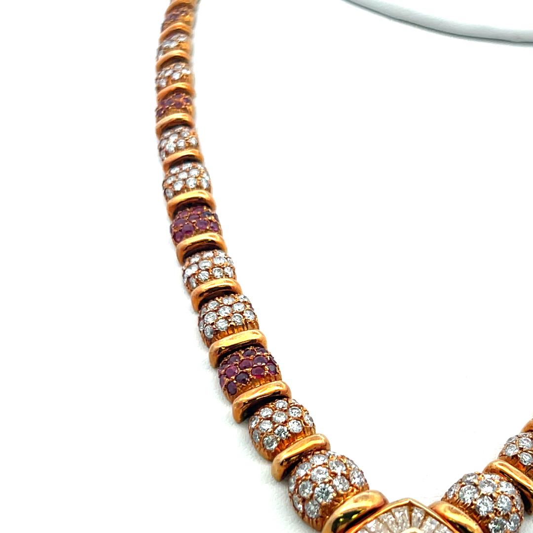 18K YG Pendant Necklace 13ct Round & Tapered Baguette Diamonds and 4.45ct Ruby