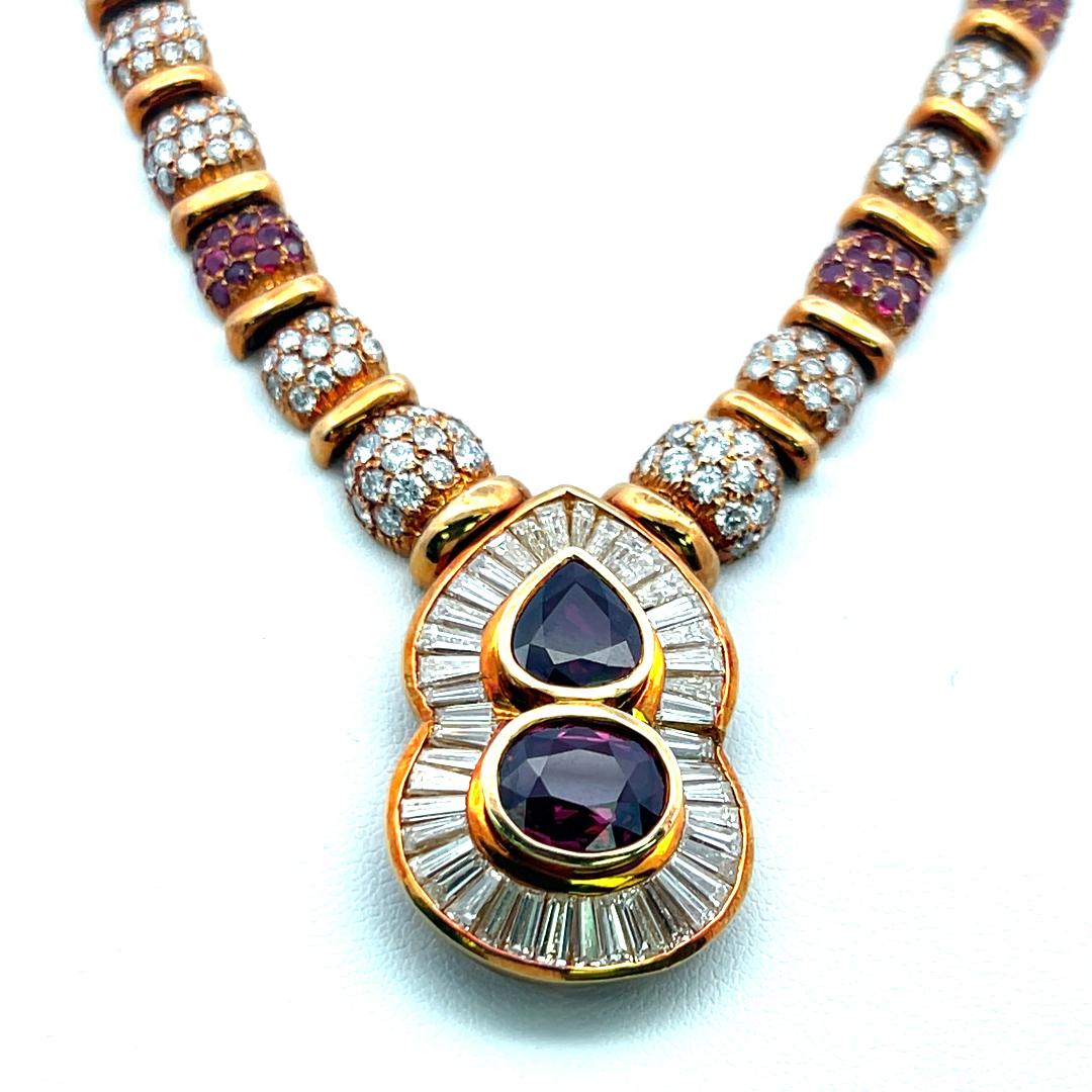 18K YG Pendant Necklace 13ct Round & Tapered Baguette Diamonds and 4.45ct Ruby