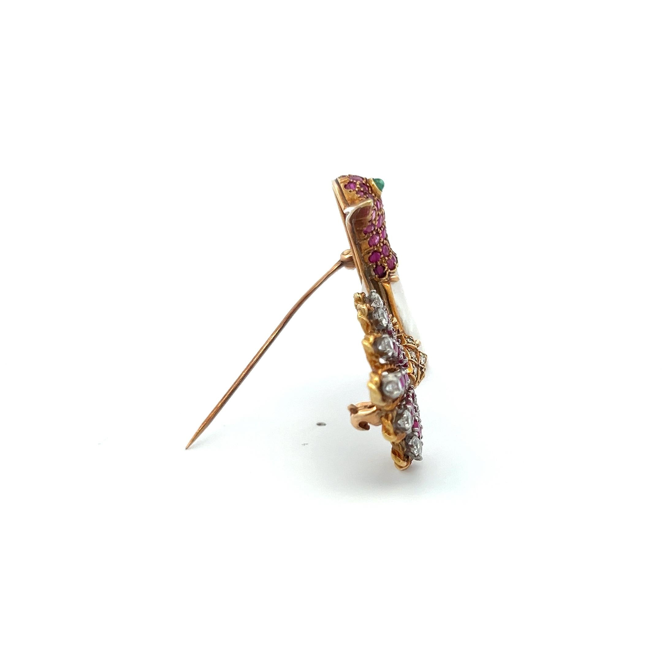 Vibrant Hummingbird Pin Brooch in 18K Gold with 0.73 Carat Diamond 1.6 ct Ruby