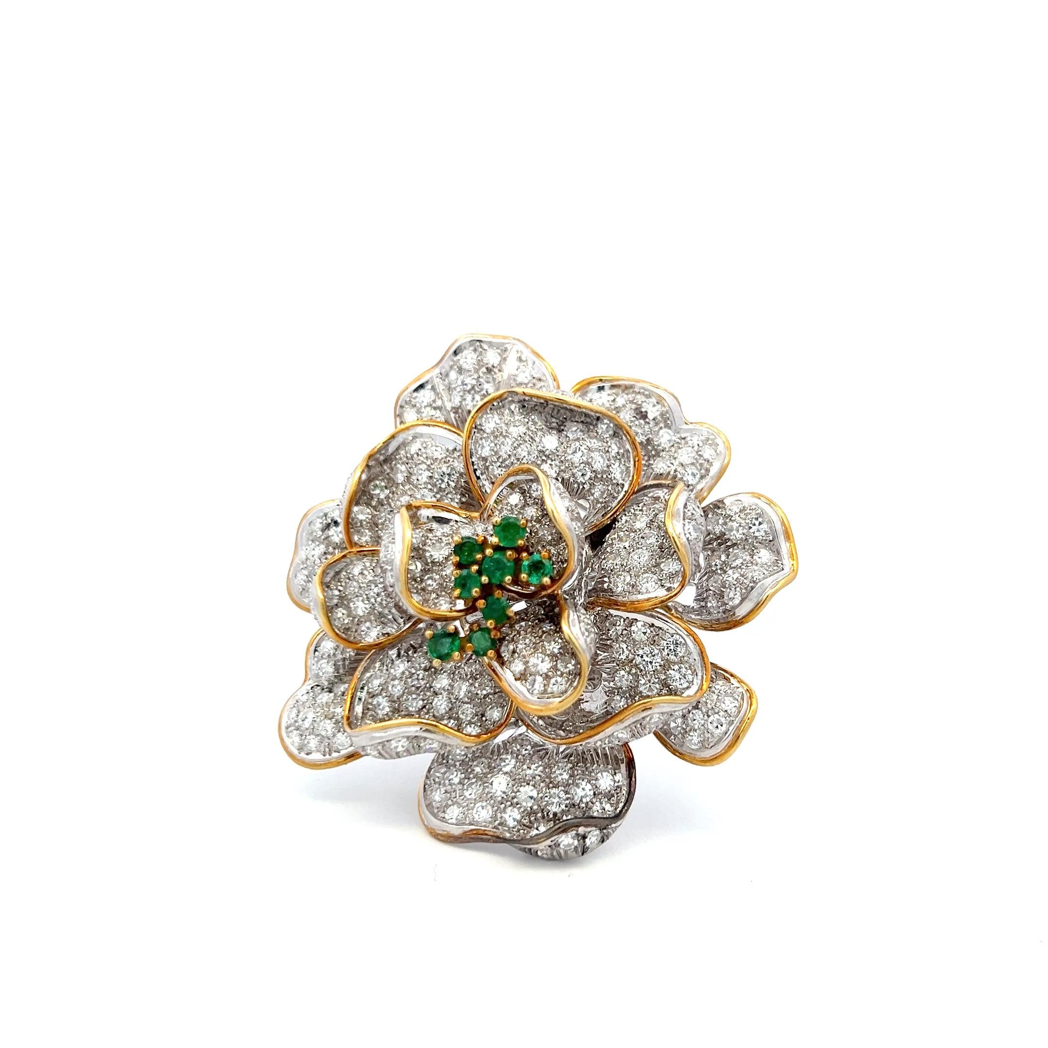 18K YG Floral Pin Brooch with 7.5 Carat Round Diamonds & 0.4 Carat Round Emerald