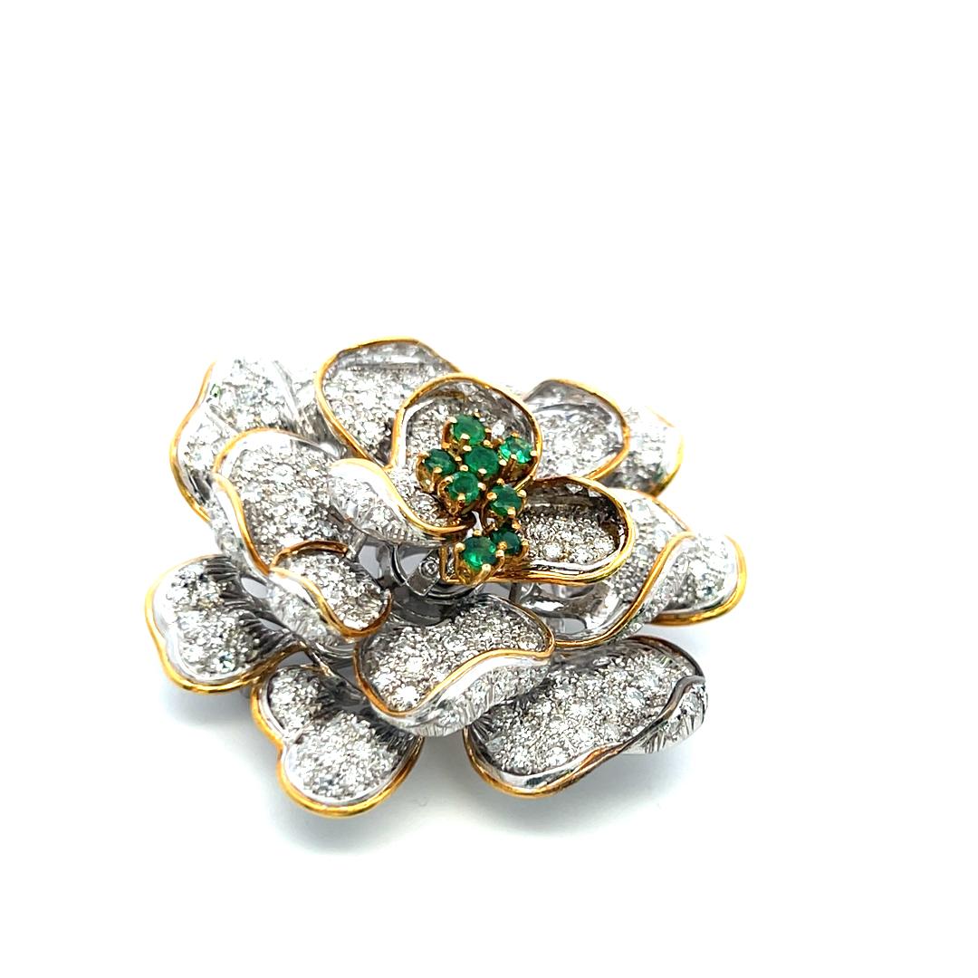 18K YG Floral Pin Brooch with 7.5 Carat Round Diamonds & 0.4 Carat Round Emerald