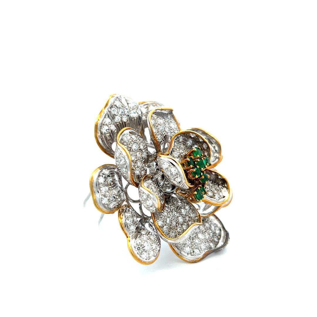 18K YG Floral Pin Brooch with 7.5 Carat Round Diamonds & 0.4 Carat Round Emerald