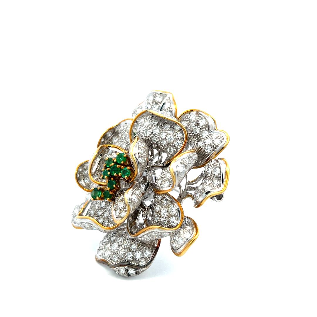 18K YG Floral Pin Brooch with 7.5 Carat Round Diamonds & 0.4 Carat Round Emerald