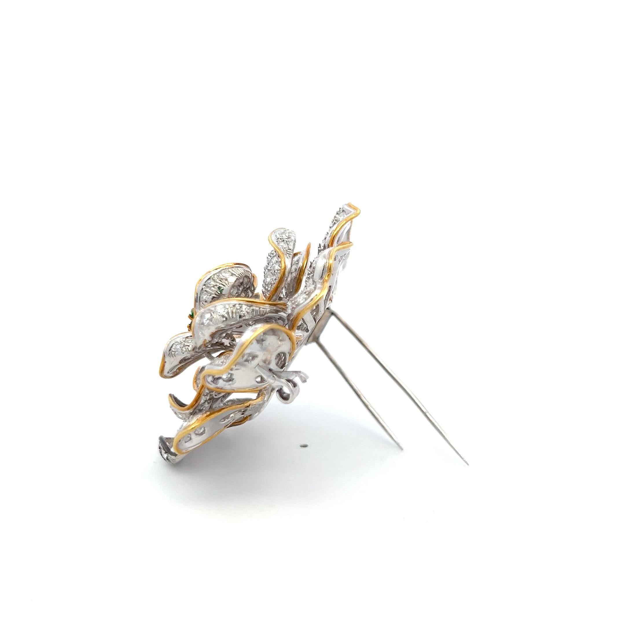 18K YG Floral Pin Brooch with 7.5 Carat Round Diamonds & 0.4 Carat Round Emerald